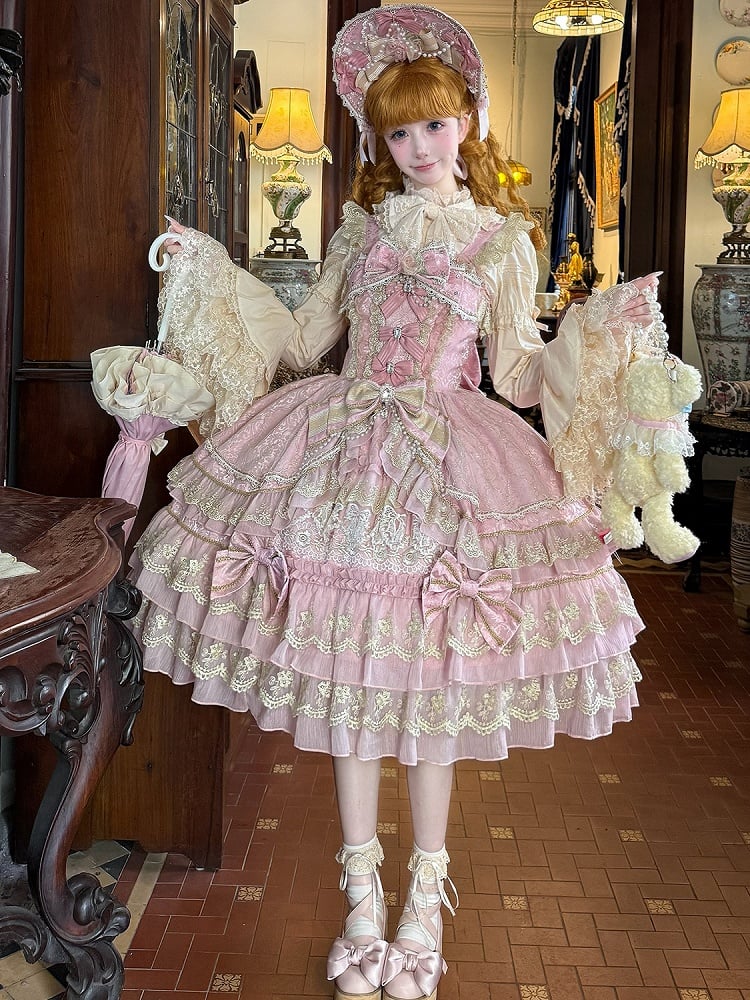 Schleife Kette Perlen Ausschnitt Rosa Lolita Kleid Prinzessin Blume Wunderschöne