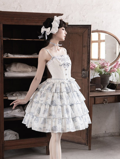 White Blue Floral Print Bow Hair Clip with Stripe Pattern - CEL