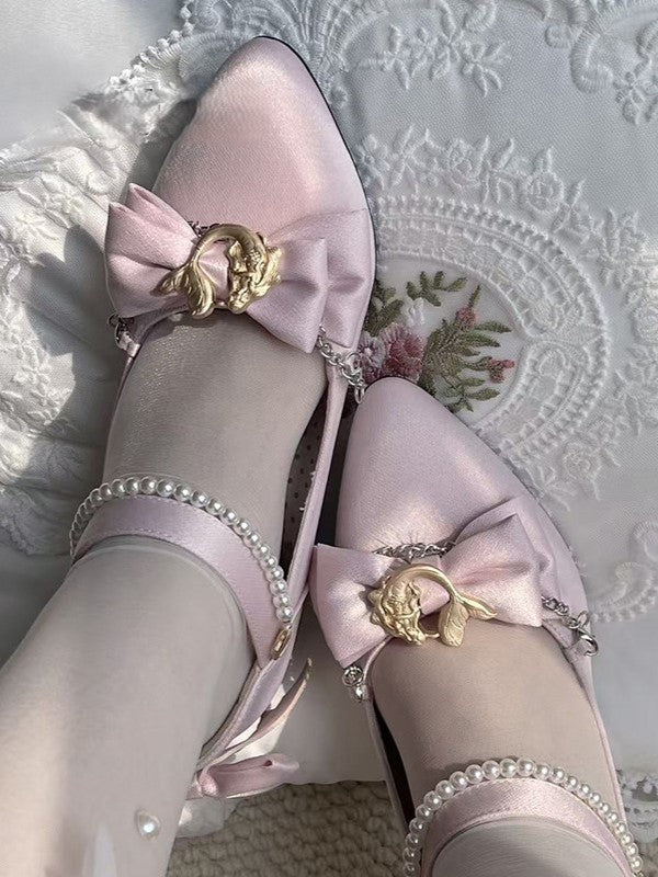 Mermaid Sweet Lolita Pointed Toe Pink 7cm Heels with Pearl Chain & Bow - Meng Ka Jiang