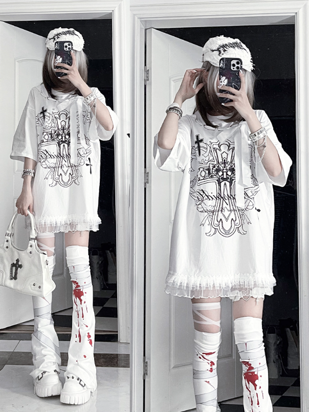 Black Bow Cotton PrintRibbon Cross T-Shirtwith Gothic White Neckline