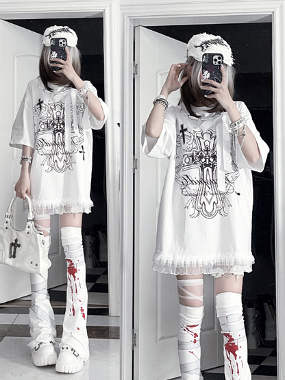 Black Bow Cotton PrintRibbon Cross T-Shirtwith Gothic White Neckline