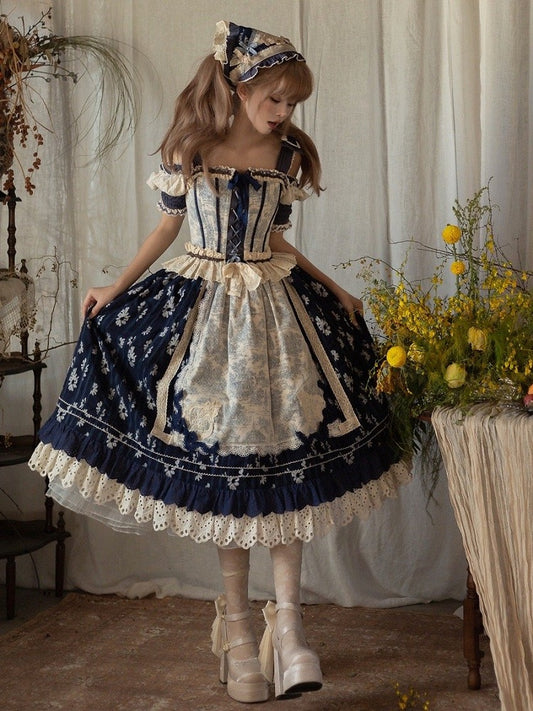 ブルーのオープンショルダーキャビンコルセットトップ + ダークブルーの花柄ロリータスカート