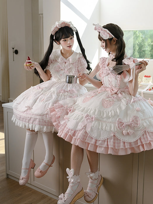 Lolita Print White Pink Puff Sleeves Gingham Sweet with Strawberry Dress