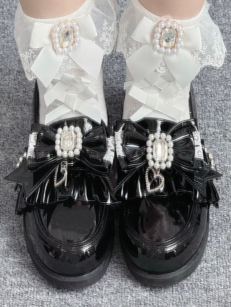 Jirai Detachable Polished Loafers Rhinestone - with Trim Design Black Slip-On Kei Beads And Decor Bow Ruffle