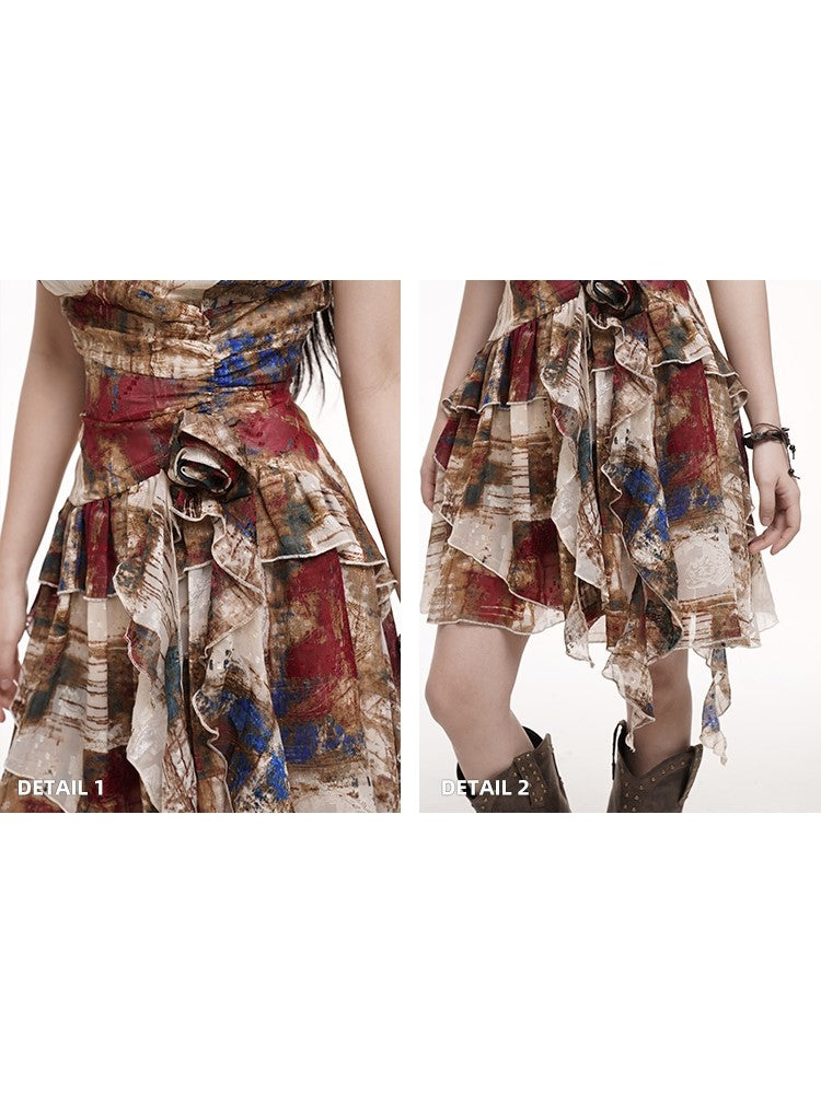 Gothic Cascading Multicolor Asymmetric Waist with Slip Ruffles Rose Hem Dress