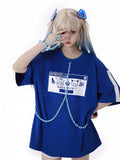 und Pixel-Charaktere Print Kettendesign Jirai Kei T-Shirt Blau Weiß mit Armband Ringfinger