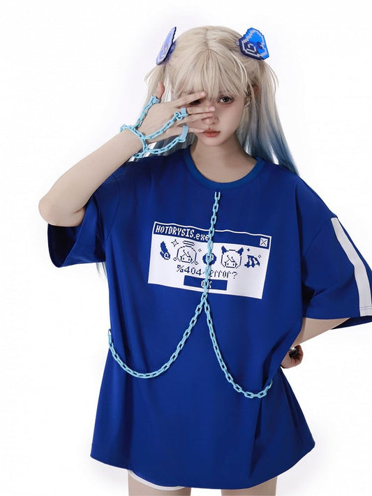 and Pixel Characters Print Chain Design Jirai Kei T-Shirt Blue White with Bracelet Ring Finger