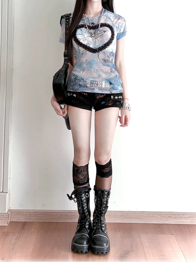 T-Shirt Blau Sweetheart Rüschen Grafik Mesh
