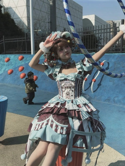 Brown Skirt Sleeves Detachable with Embroidery Dress Circus Lolita Jumper Bunny Blue Sweet Puff and