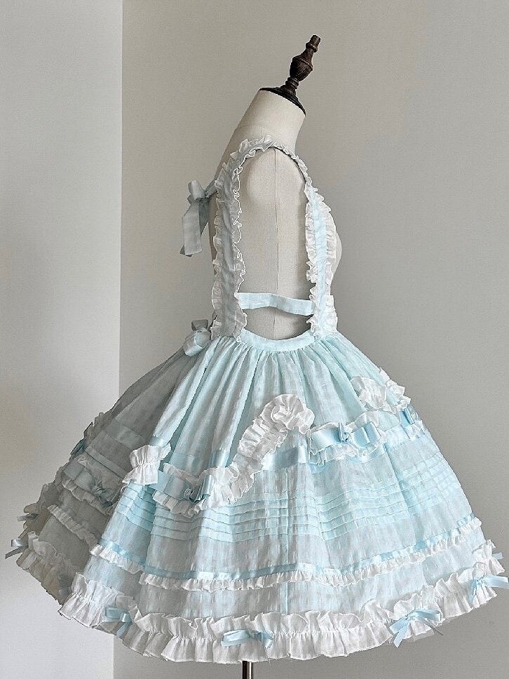 Azure Checkered Frilly Bow Lolita Jumperdress
