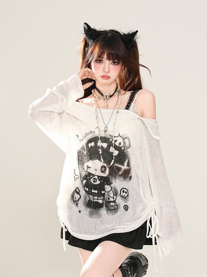 Rebellious Witch Schwarz/Weiß/Grau Ausschnitt Sonne Off-the-Shoulder Schutz Grafik Top