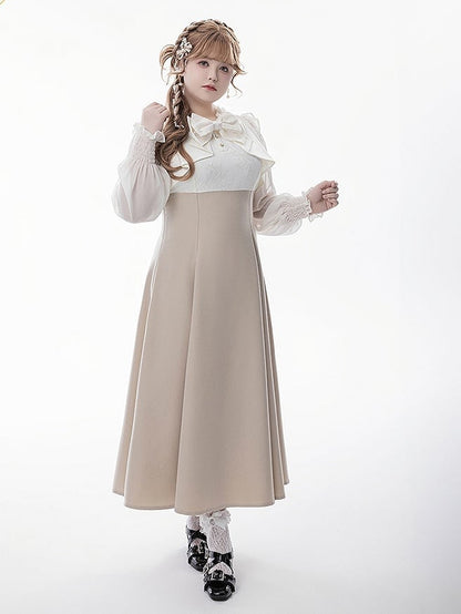 Aesthetic Faux Elegant Clean Design Apricot/Black Two-Piece Maxi Pure Jirai Dress: Kei with
