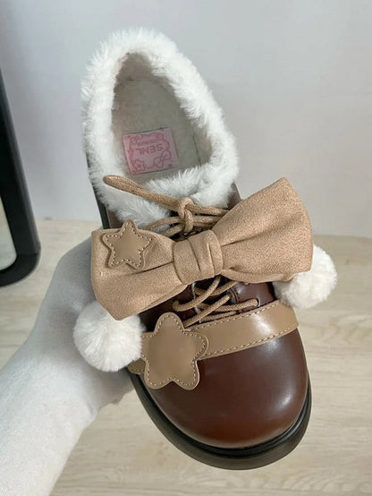 PU Schuhe Braun Abnehmbare Winter Star Lolita Akzent Süße Schleife Plattform Details Leder