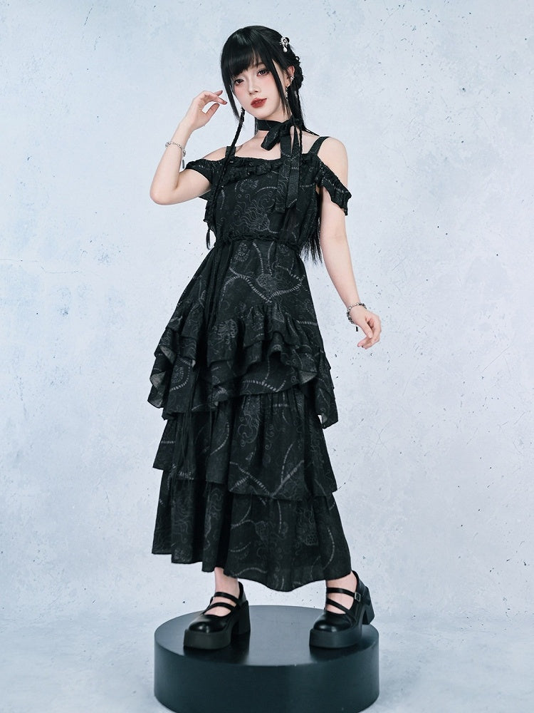 Gothic Black Asymmetrical Three-Tier Skirt with Sea Lily - Quirky Hut