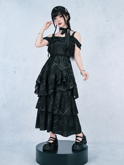 Gothic Black Asymmetrical Three-Tier Skirt with Sea Lily - Quirky Hut