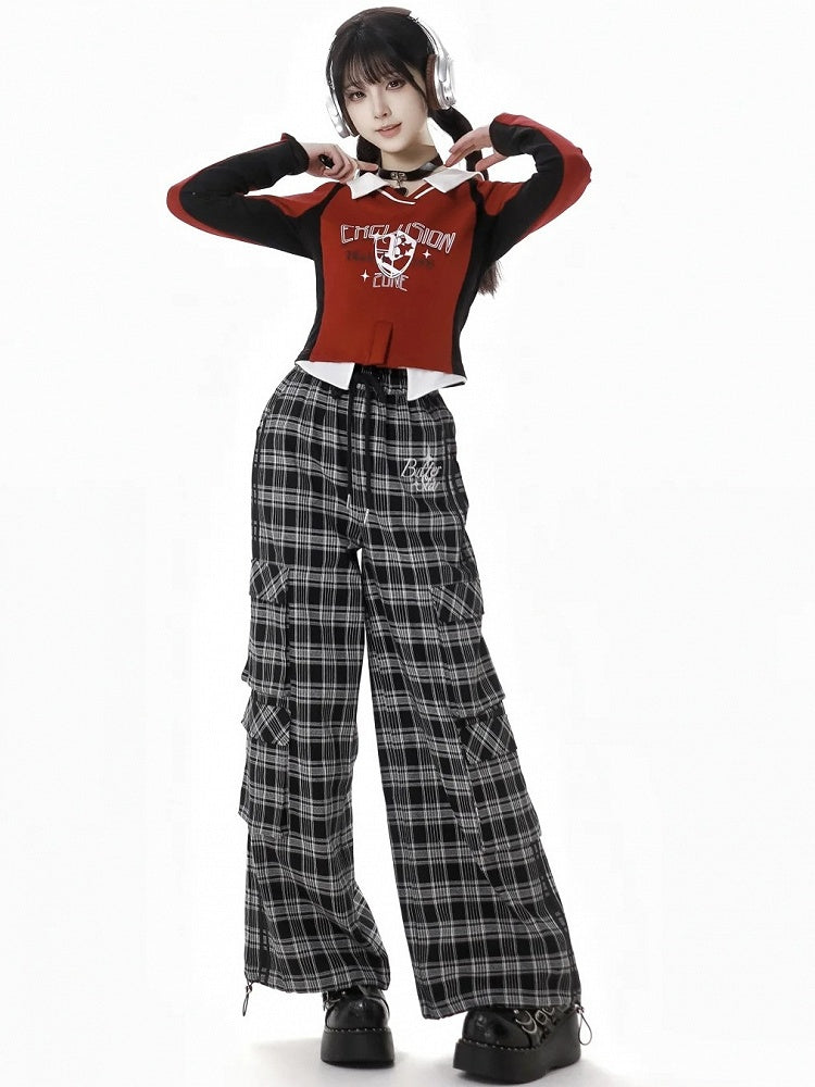 Red Layered-Look Design V-neck Cropped Sweatshirt