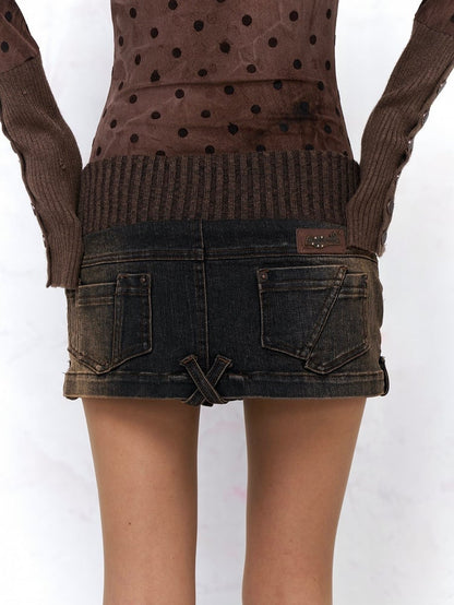 Built-in Elastic with Waist Detail Shorts Denim Zipper Low Brown Skirt Dark