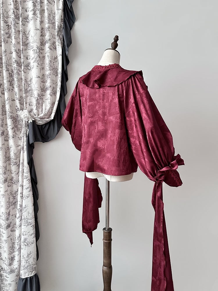 Sleeves Shirt Lolita Gothic Structured Ruffles Long V-neck Red