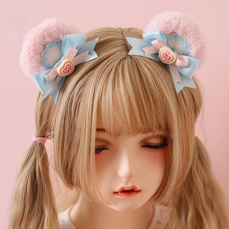 A Ear Cute Lolita Sweet Bowknot Bear Of / Hairclips Pink Yellow Pair