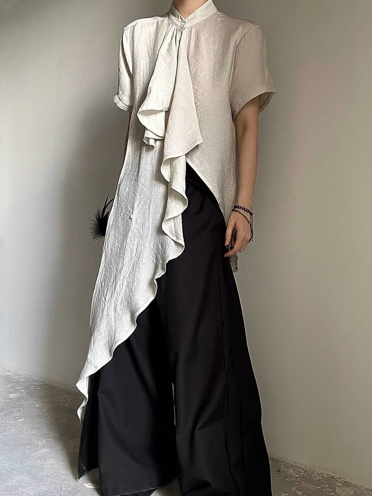 Cascading Prince Short Ruffle Light - Ouji Accents Asymmetrical Hem Shirt Sleeves Green