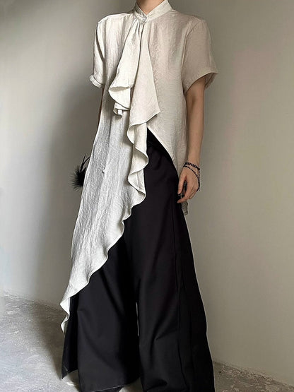 Cascading Prince Short Ruffle Light - Ouji Accents Asymmetrical Hem Shirt Sleeves Green