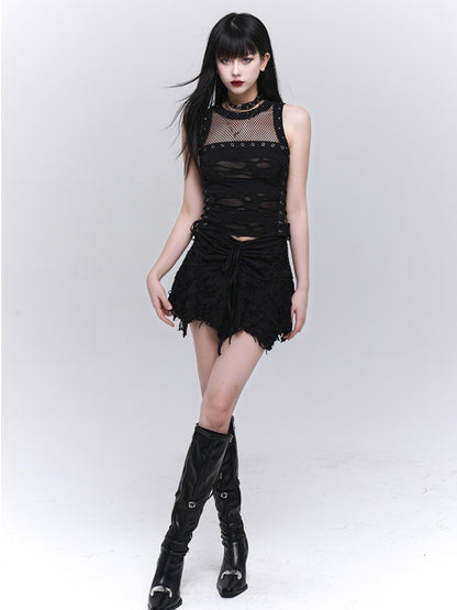 Gothic Black Asymmetrical Hem Distressed Holes Glamorous Skirt