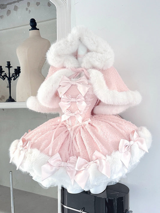 Pink Bow-Embellished Plush Neckline and Hem Boned Dress with Cape Set - POSHEPOSE