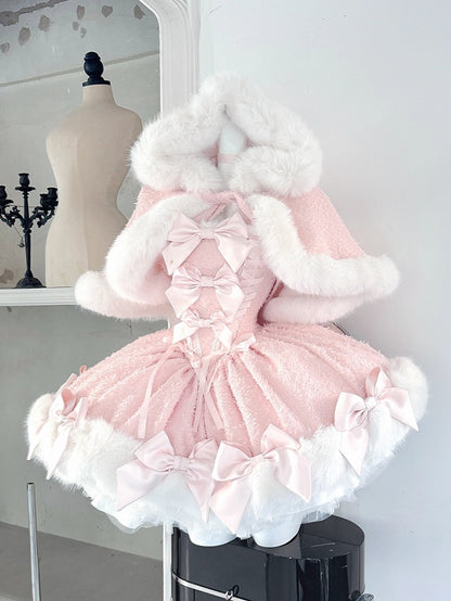 Pink Bow Decorated Plush Trim Boned Dress with Cape Set - POSHEPOSE
