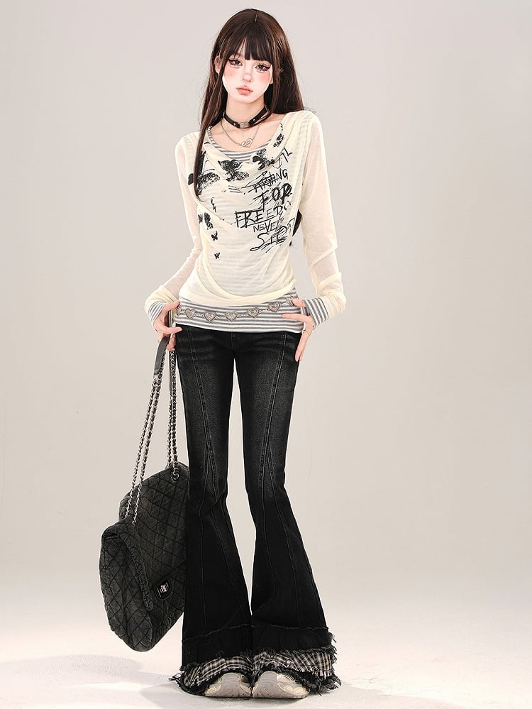 Aprikose/Schwarzes zweiteiliges, gestreiftes Langarm-Oberteil mit grafischem Netzstoff