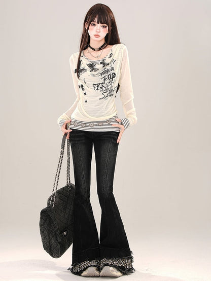 Aprikose/Schwarzes zweiteiliges, gestreiftes Langarm-Oberteil mit grafischem Netzstoff