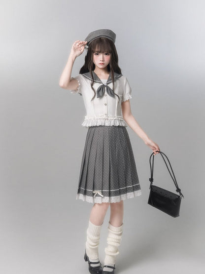 Short Sleeve White Top With Trim Sailor-Inspired Ruffle