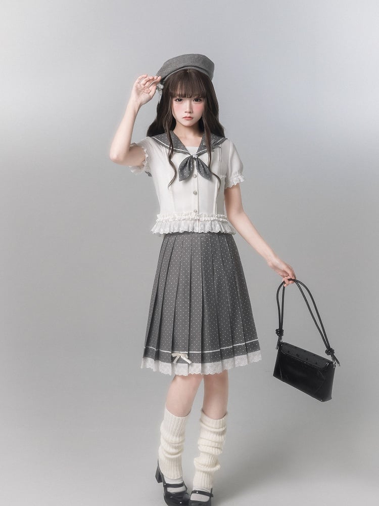 Aesthetic Dot Lace Pleated Skirt With Gray Polka Trim