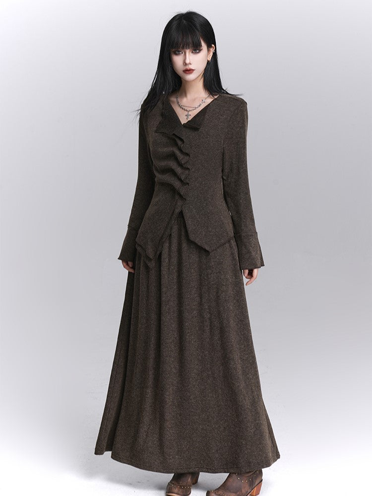 Strap Long V-Neck with Coffee Neck Sleeve Button Details Top