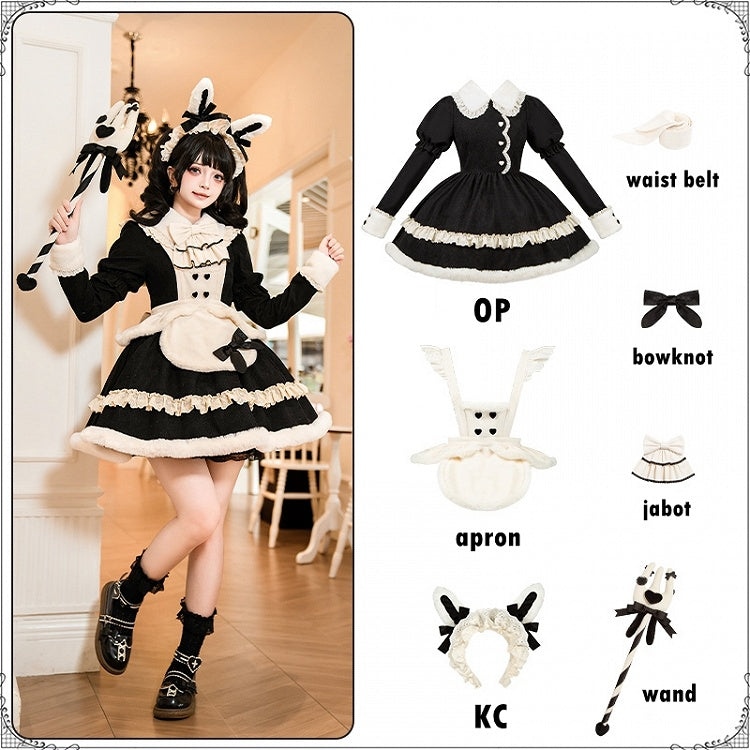 Ensemble complet Sweet Lolita OP noir à manches longues et col en peluche