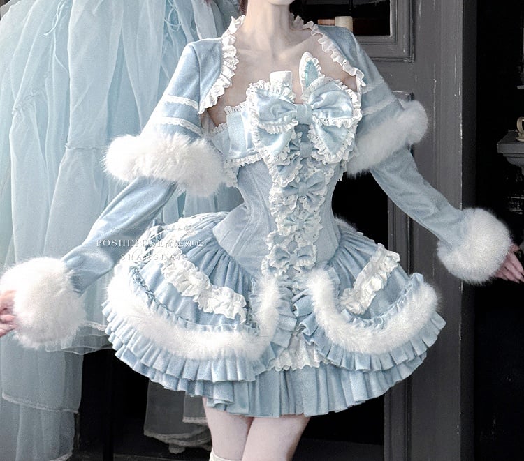 Blue Bunny Ears Bowknot Bodice Layered Skirt Boning Dress + Cropped Cape Top Set