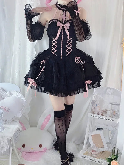 Cross Belle – Schwarzes und rosa Neckholder-Korsettkleid, Balletcore, Lolita, JSK