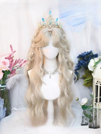Wavy Curtain Long Beige Wig With Bangs