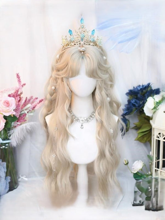 Wavy Curtain Long Beige Wig With Bangs