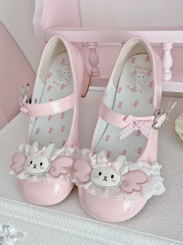 Mary Winged Low-heel/Mid-heel with Lace Patch - Bunny Lolita Buckle Rabbit Trim Pink Janes Sweet
