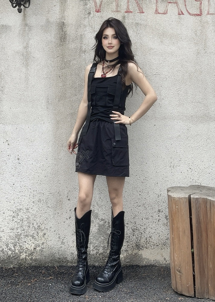 Cargo Pocket Skirt Cross and Skeleton Appliques Drawstring Black Waist