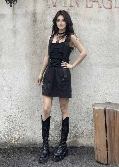 Cargo Pocket Skirt Cross and Skeleton Appliques Drawstring Black Waist