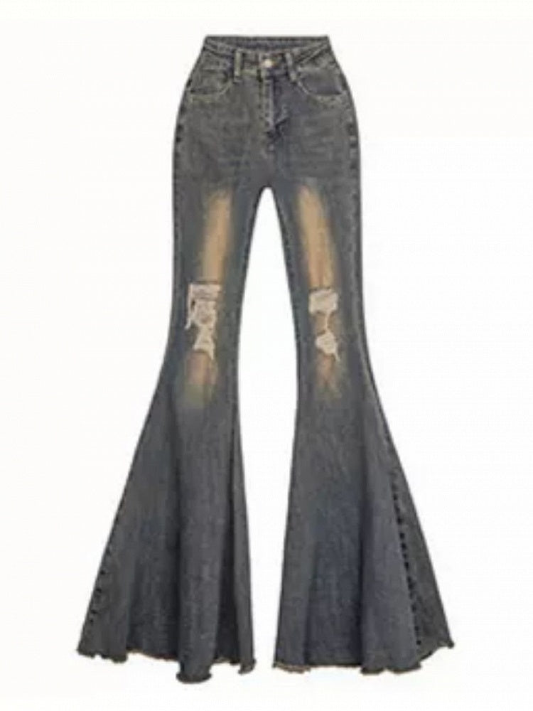 Vintage Detailing Denim Blue Distressed Jeans and Raw Flare with