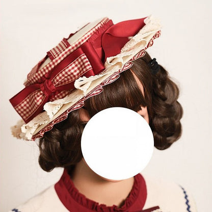 with Flat Lace Plaid White Bow Hat Red Lolita Trim and
