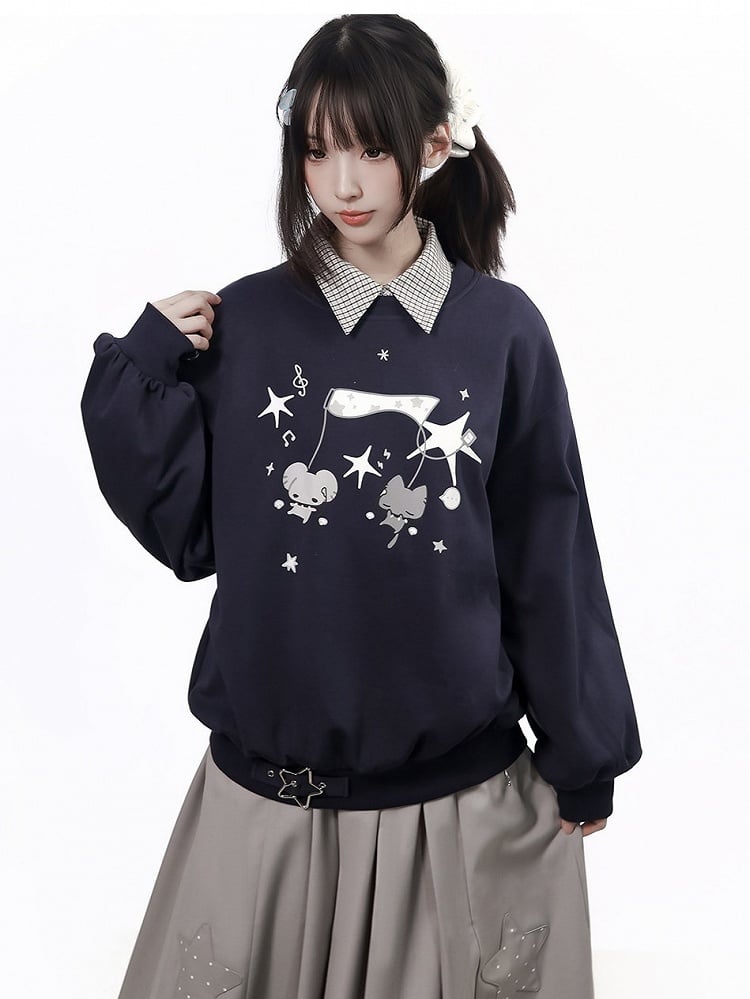 Kawaii Navy Mouse Print Crewneck Sweatshirt with Plaid Shawl Set for Daily Wear - PINK SAVIOR