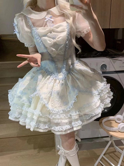 Ruffles Trimmings Lace Layered Jumper Skirt Princess Lolita Blue with Floral-Print and