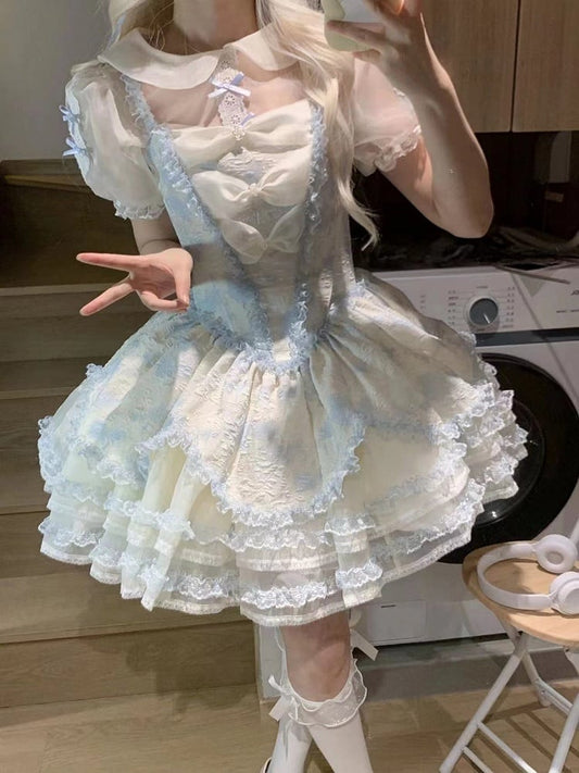 Ruffles Trimmings Lace Layered Jumper Skirt Princess Lolita Blue with Floral-Print and