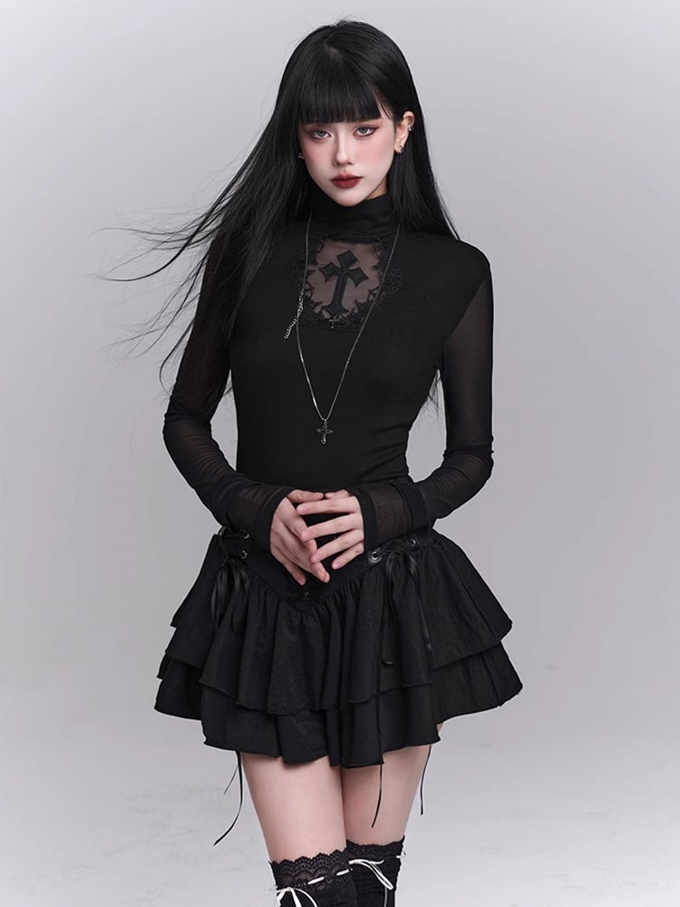 Sleeves Black Mock Neck Coffin-shaped Cutout Cross Applique Mesh