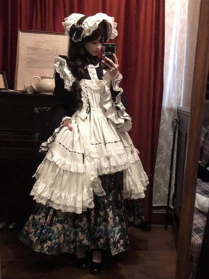 White Bell Bonnet Black Han Floral Apron Horse-face Sleeves Print Top Lolita + Skirt Set