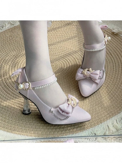Mermaid Sweet Lolita Pointed Toe Pink 7cm Heels with Pearl Chain & Bow - Meng Ka Jiang