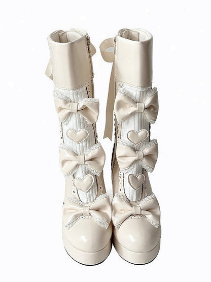 Platform Bow Accents Scalloped Lolita White Elegant Creamy Hem Boots with High-heel